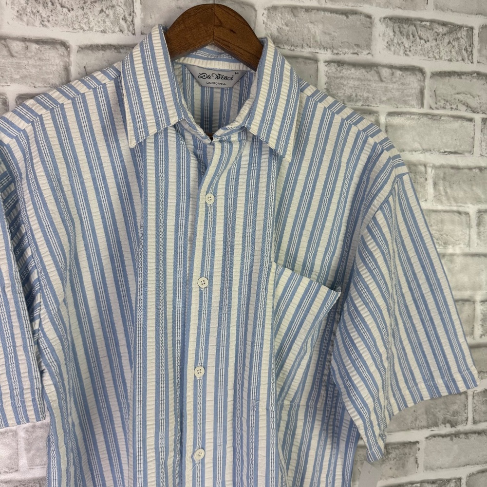Da Vinci California Nautical Blue Striped Seersucker Casual Button Shirt MEDIUM